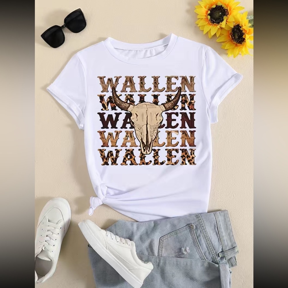 New! WALLEN Cow Skull Print Short Sleeve T-Shirt‎